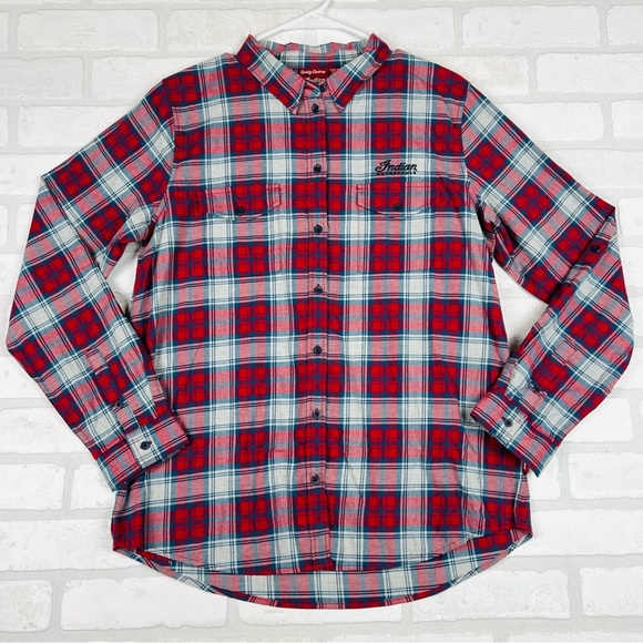 POLARIS INDIAN MOTORCYCLES WOMENS RED SCRIPT EMB SHIRT SIZE MEDIUM NWT - Picture 1 of 14